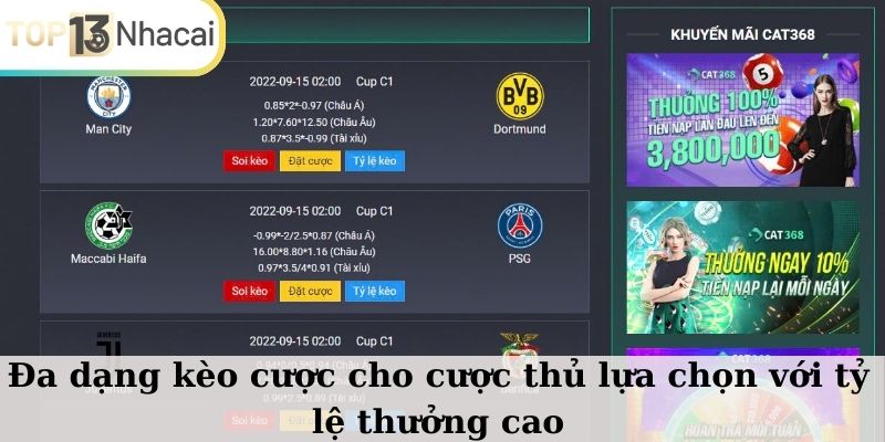 Đa dạng kèo cược cho cược thủ lựa chọn với tỷ lệ thưởng cao