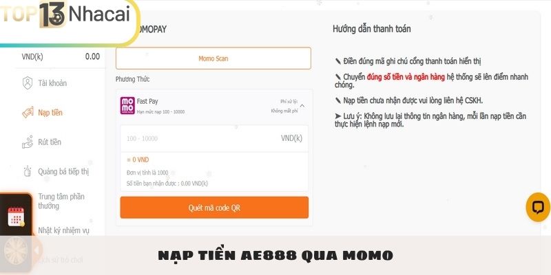 Nạp tiền AE888 qua ví Momo siêu tốc