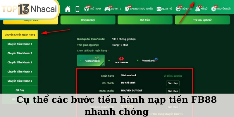 Cụ thể các bước tiến hành nạp tiền FB88 nhanh chóng