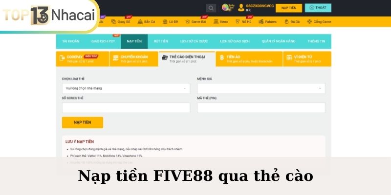 Nạp tiền FIVE88 qua thẻ cào