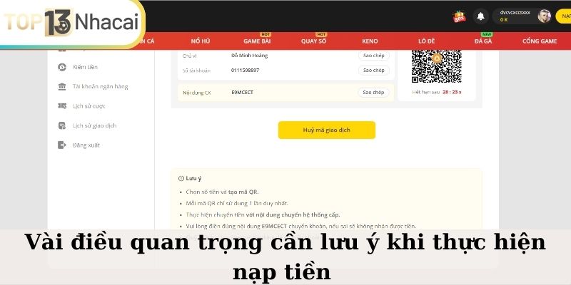 Vài điều quan trọng cần lưu ý khi thực hiện nạp tiền 