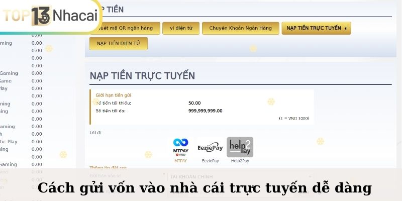 Cách gửi vốn vào nhà cái trực tuyến dễ dàng